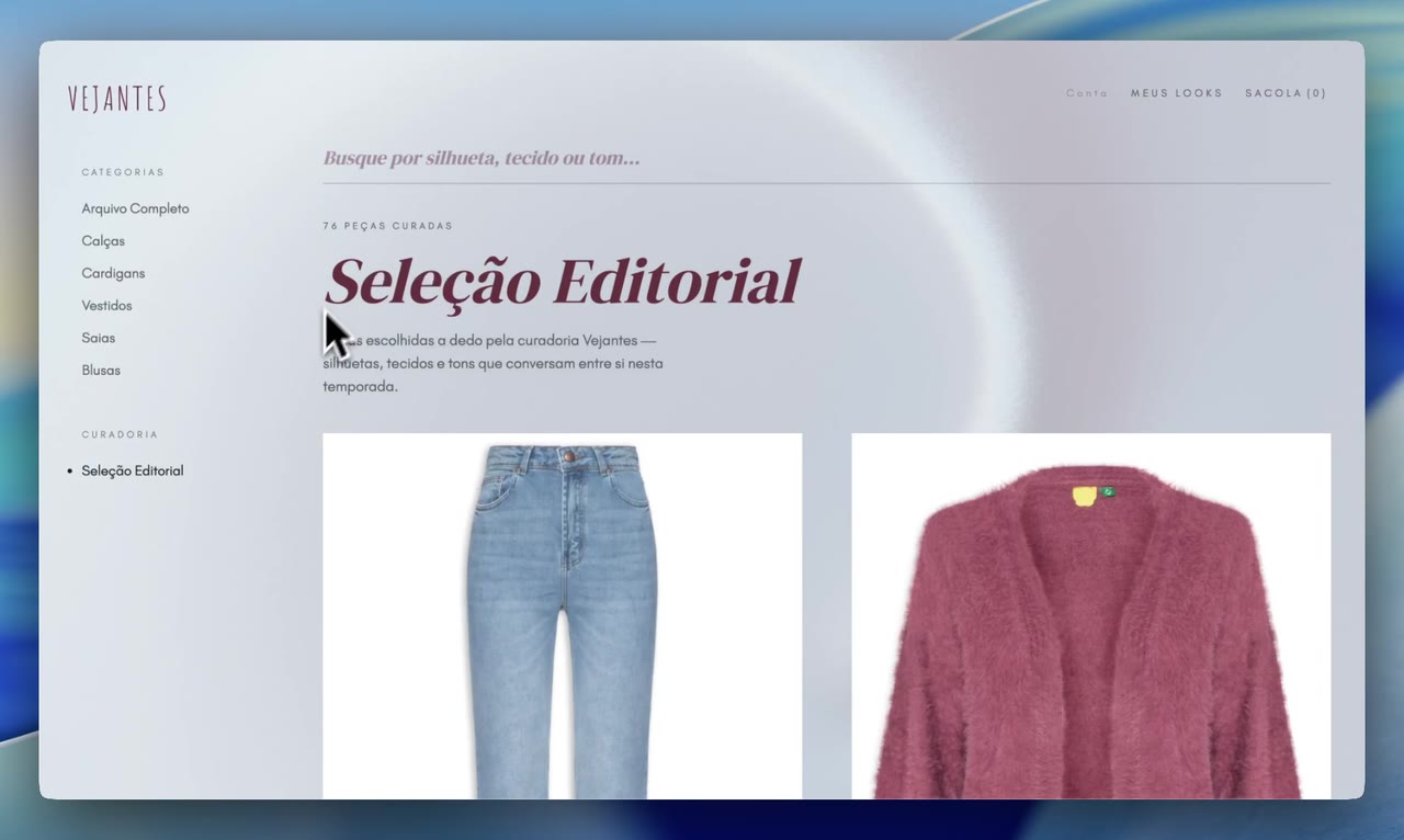 Tela do catálogo de moda Vejantes com provador virtual