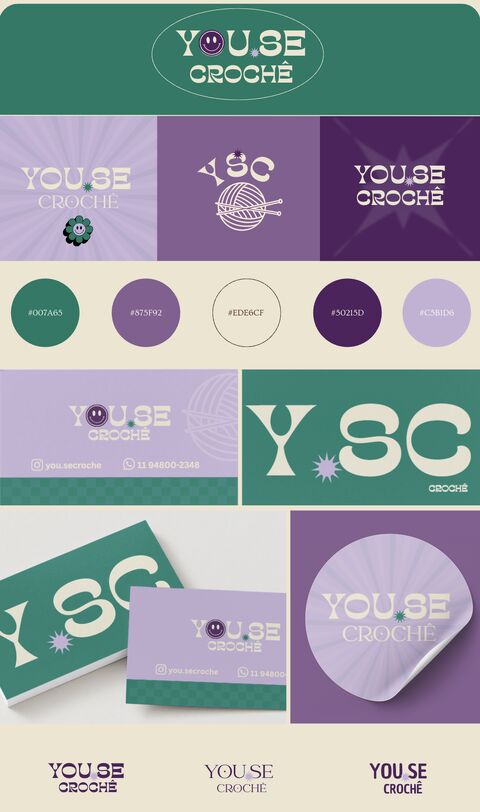 Brand board da Youse Crochê com logotipos, paleta verde e roxa e aplicações da identidade visual
